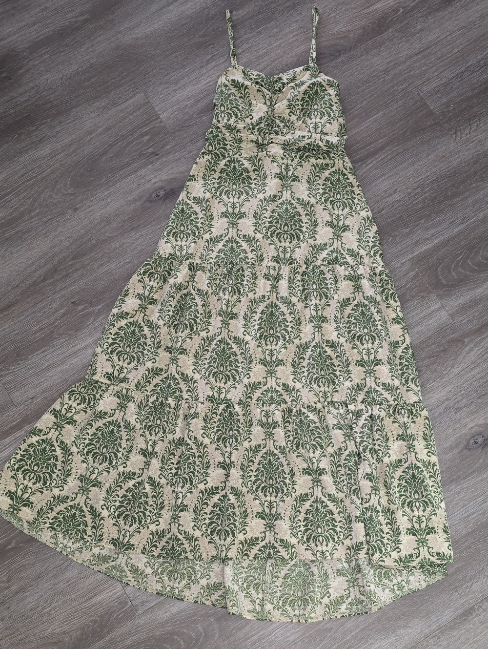 Sleeveless Cream Maxi Skirt with Green Damask Print